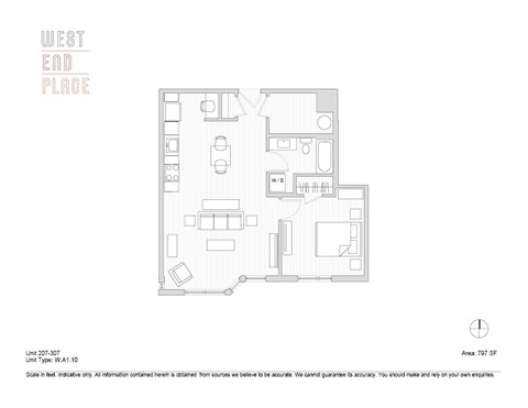 Floor plan for 1 bed, 1 bath, 797 sqft